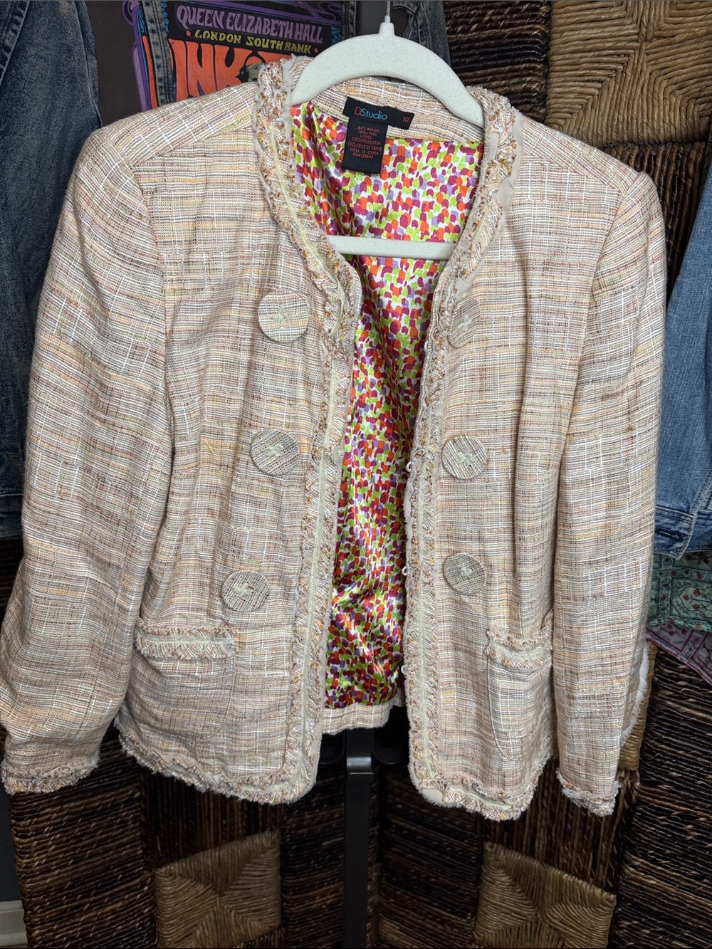 Studio Pink and Cream Textured Tweed Fringed Blazer